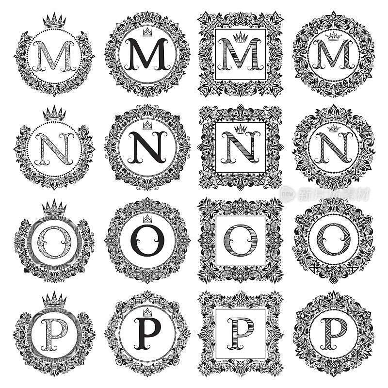 Vintage monograms set of M, N, O, P letter。